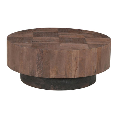 Reed Round Solid Wood Coffee Table with Brown Finish and Sculpted Base