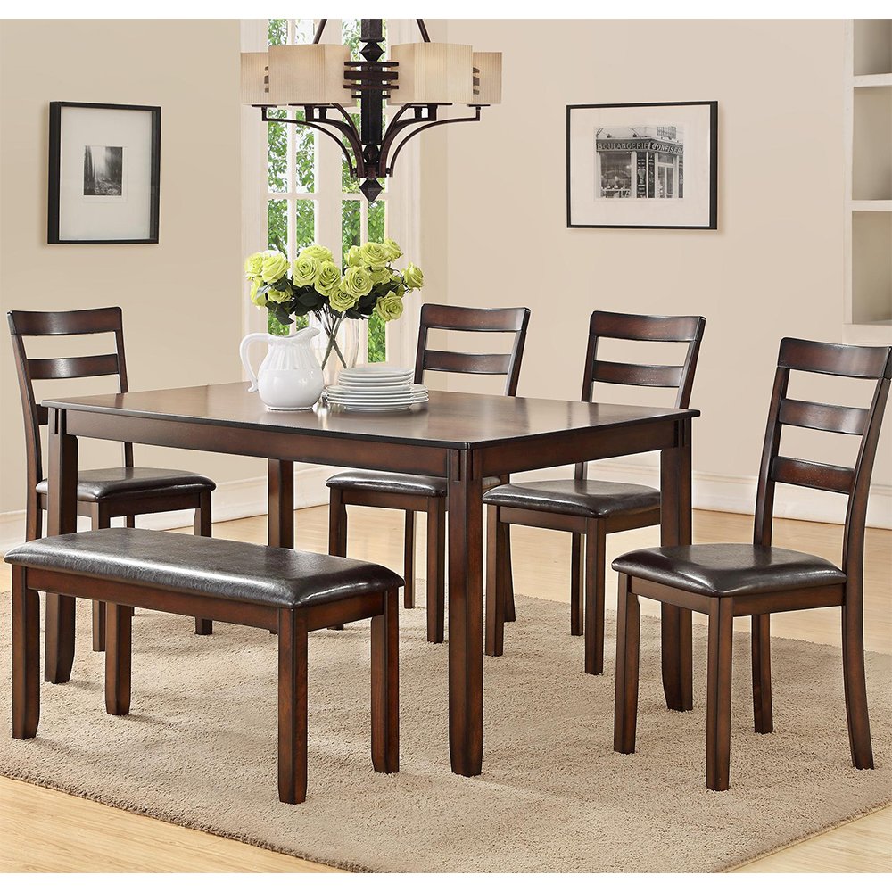 6-Piece Rectangular, Cherry Finish, MDF Top, Dining Set, Seats 6