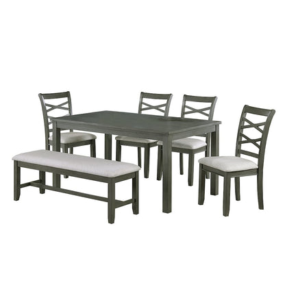 6 Piece Fabric and Wood Dining Set with Bench in Grey