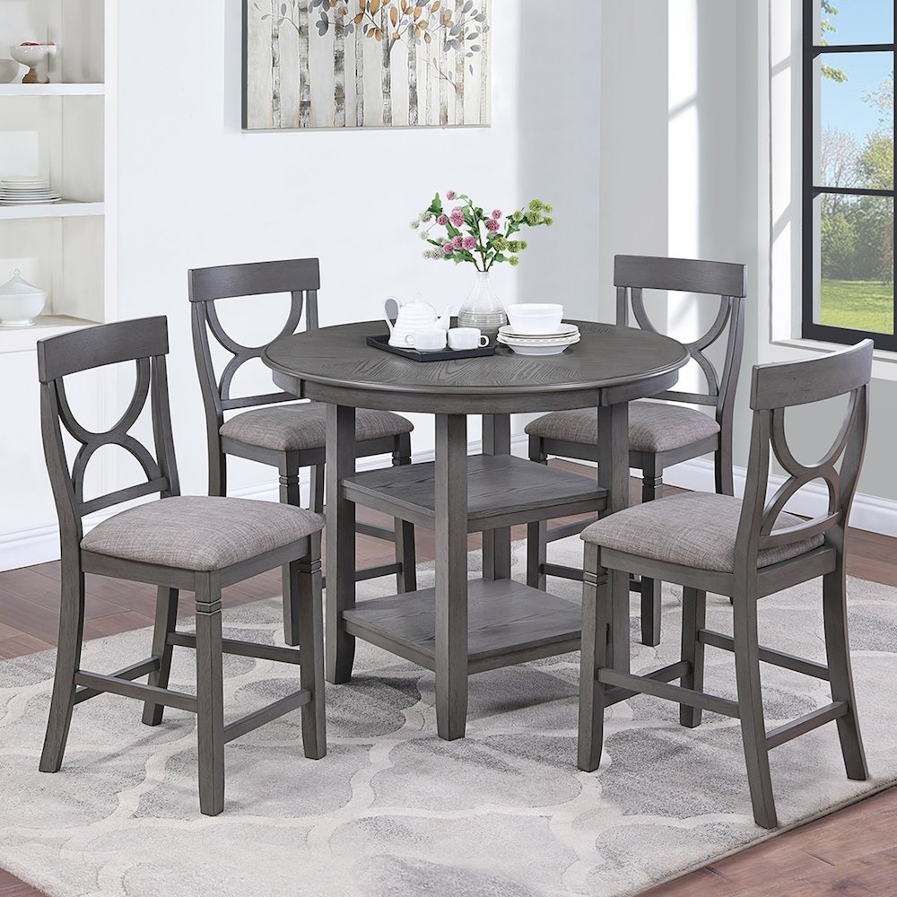 5 Piece Counter Height Dining Set with 2 Open Shelves in Grey