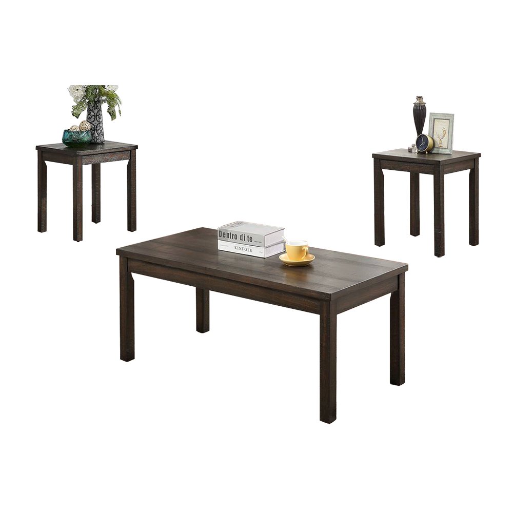 Pine Wood 3 Piece Coffee Table Set in Dark Brown