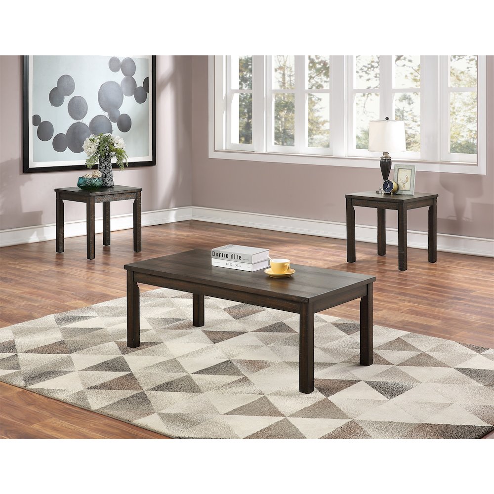 Pine Wood 3 Piece Coffee Table Set in Dark Brown