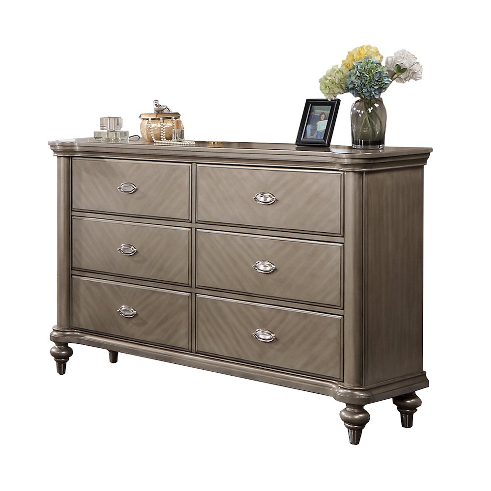 6 Drawer Dresser with Round Legs in Grey