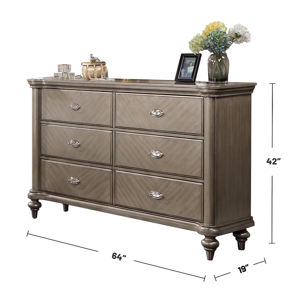 6 Drawer Dresser with Round Legs in Grey