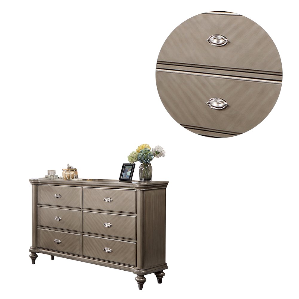 6 Drawer Dresser with Round Legs in Grey