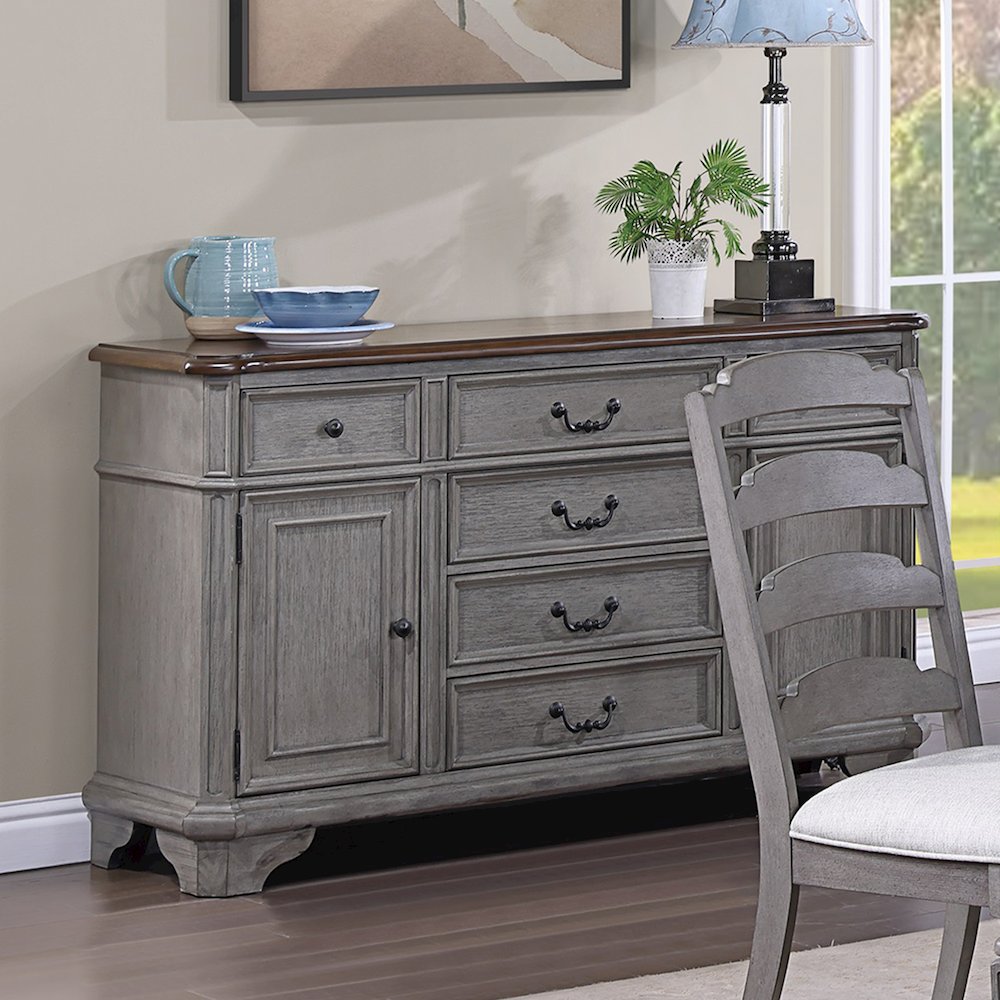6 Drawers and 2 Doors Wooden Server in Light Gray and Cherry