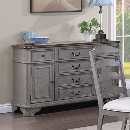 6 Drawers and 2 Doors Wooden Server in Light Gray and Cherry