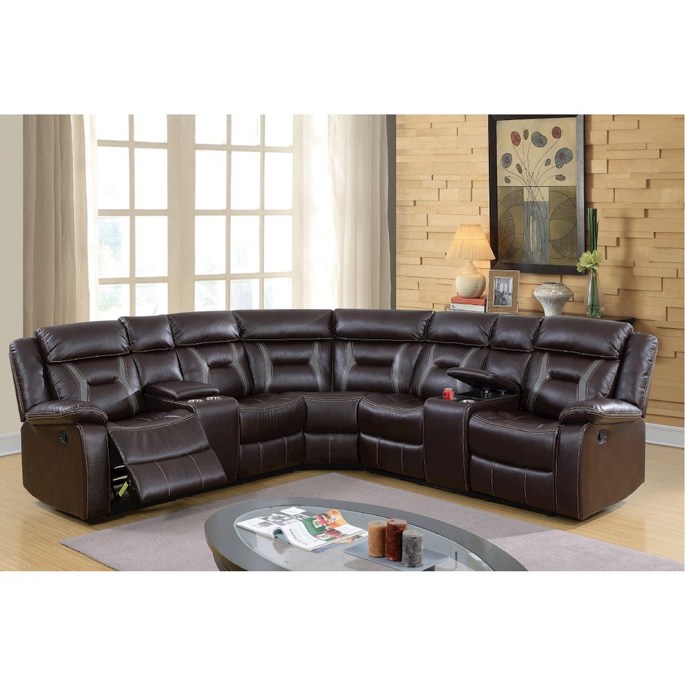 Gel Leatherette Manual Reclining Sectional Sofa, Dark Brown