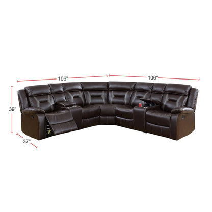 Gel Leatherette Manual Reclining Sectional Sofa, Dark Brown
