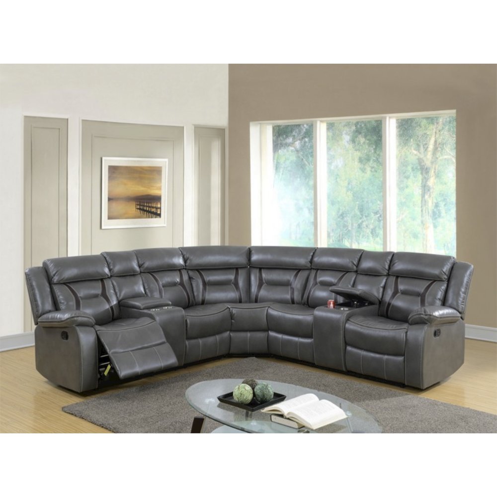 Gel Leatherette Manual Reclining Sectional Sofa, Grey