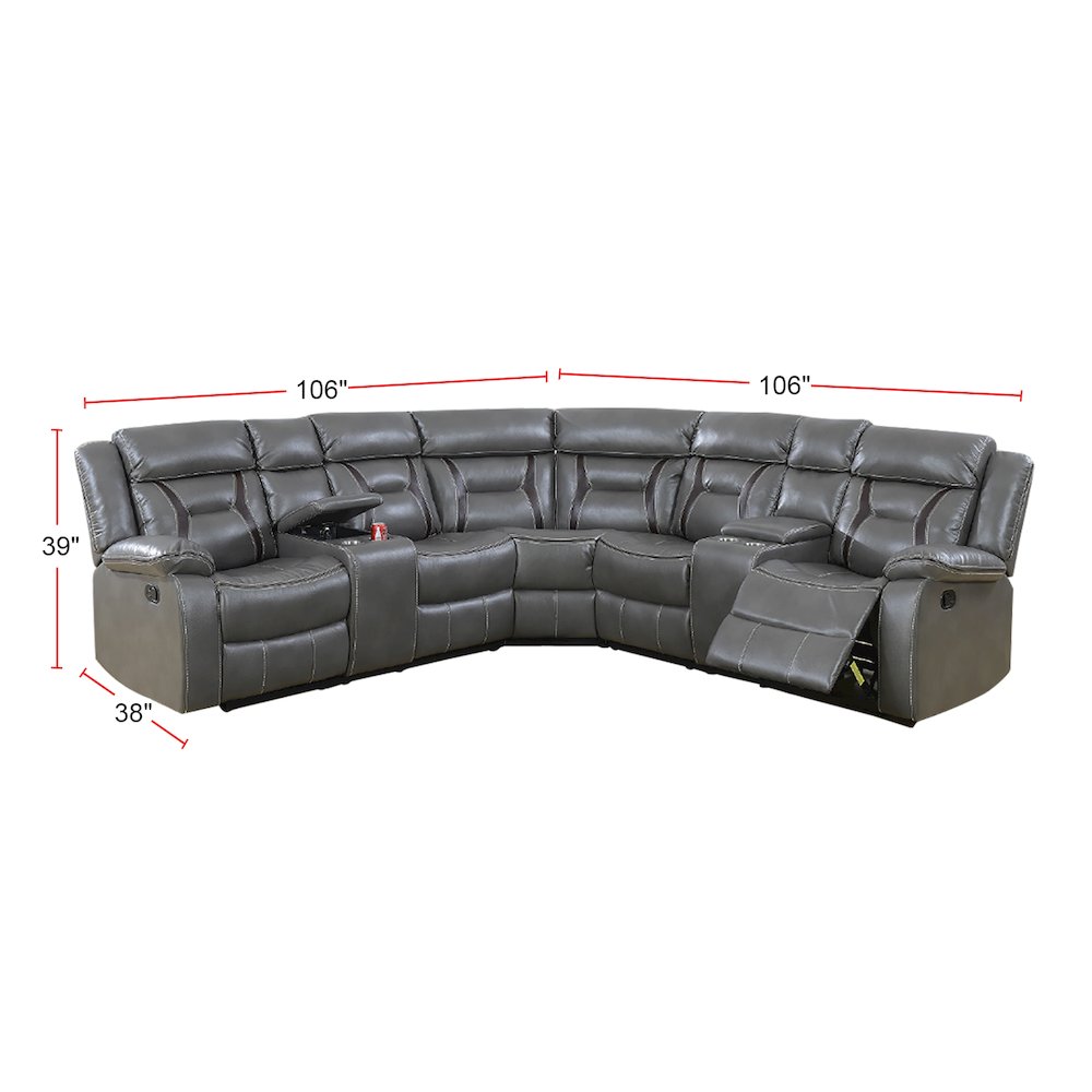 Gel Leatherette Manual Reclining Sectional Sofa, Grey