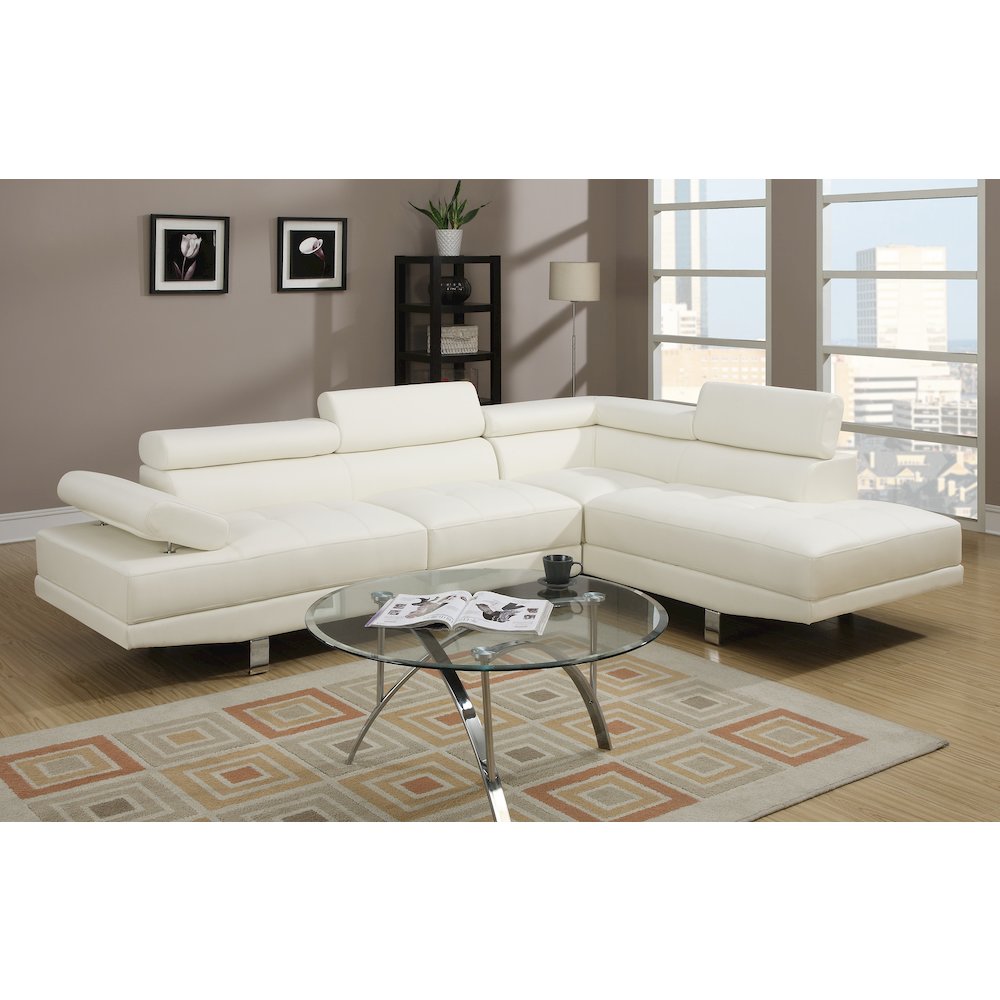 2 Piece Faux Leather Sectional Sofa with Metal Legs, White