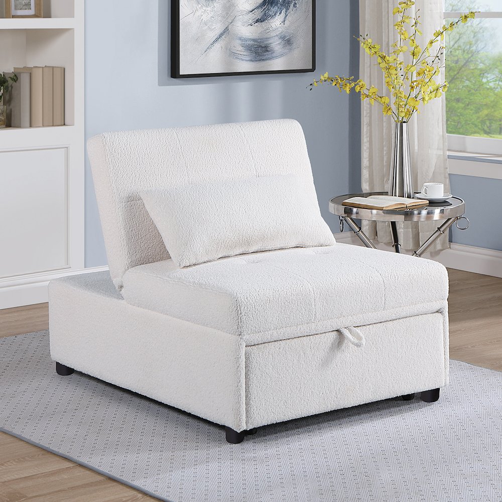 Sherpa Fabric Upholstered Sleeper Sofa Chair in White