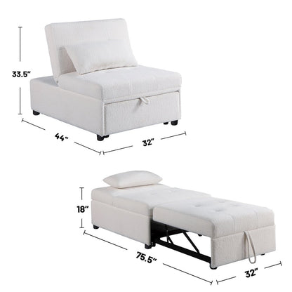 Sherpa Fabric Upholstered Sleeper Sofa Chair in White