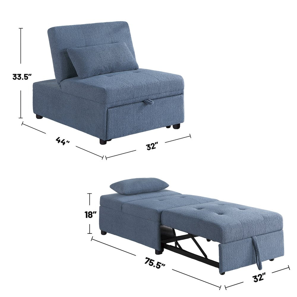 Sherpa Fabric Upholstered Sleeper Sofa Chair in Blue Gray
