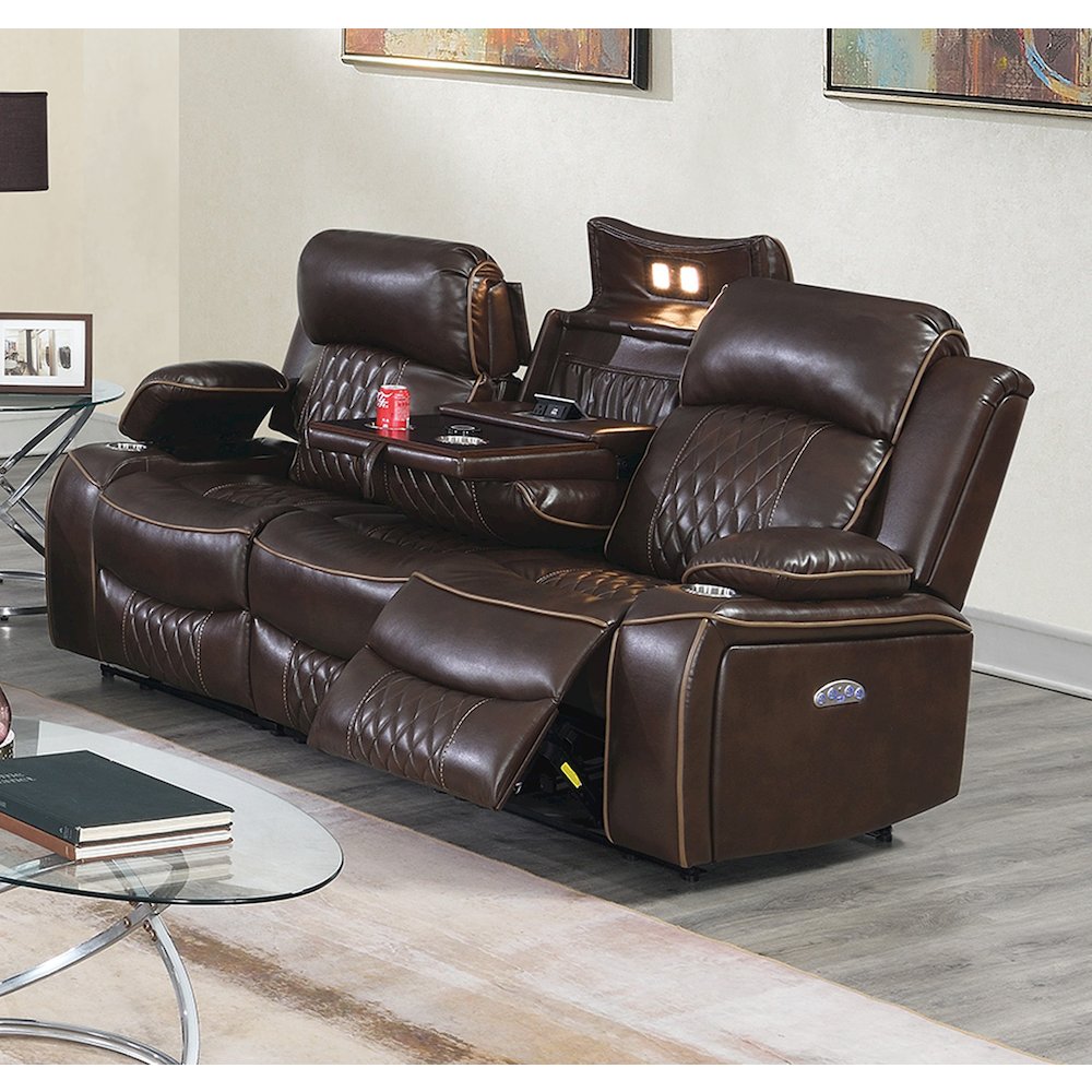 Leatherette Power Motion Sofa with USB Port in Brown