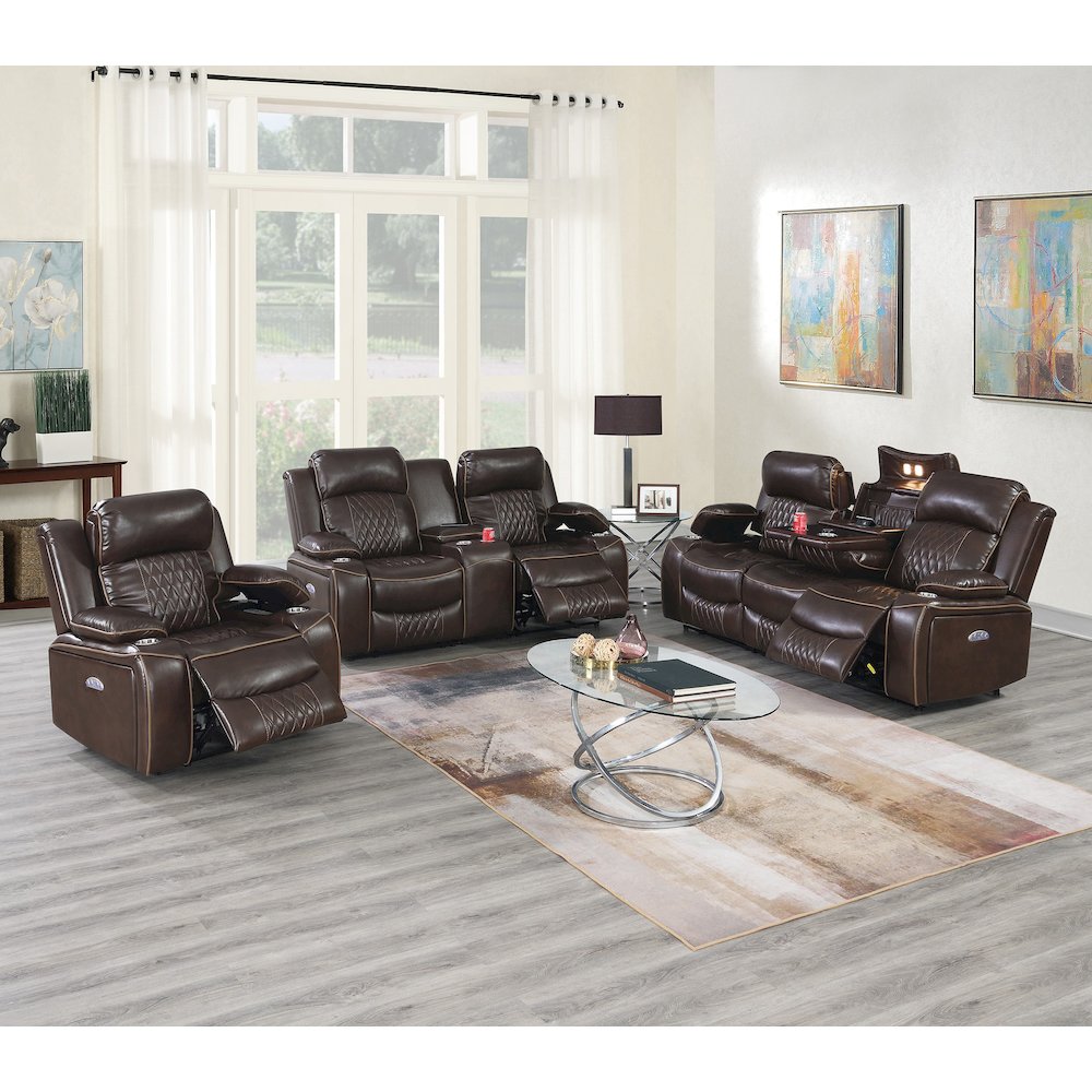 Leatherette Power Motion Sofa with USB Port in Brown