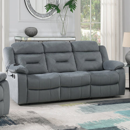 Velvet Upholstered Manual Motion Recliner Sofa with USB Port in Dark Gray