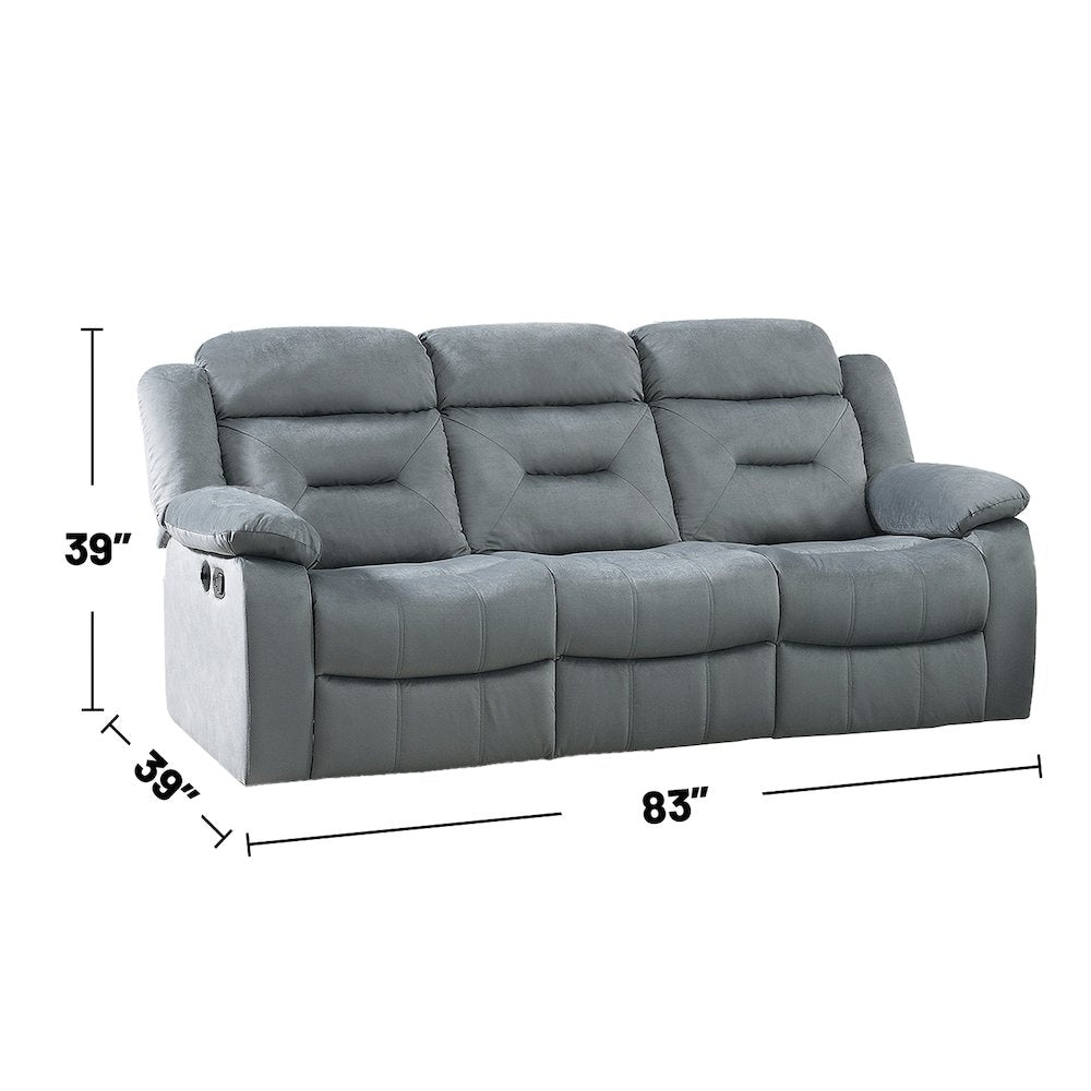 Velvet Upholstered Manual Motion Recliner Sofa with USB Port in Dark Gray