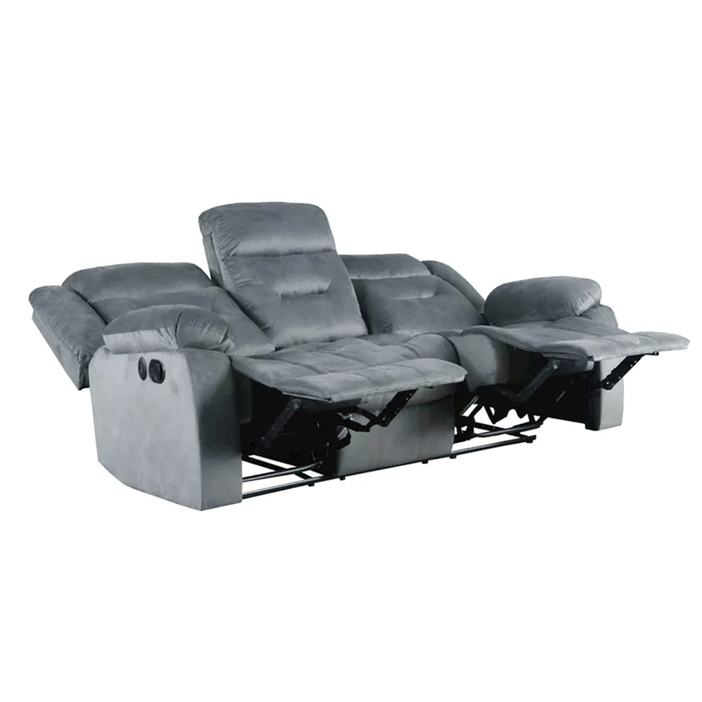 Velvet Upholstered Manual Motion Recliner Sofa with USB Port in Dark Gray