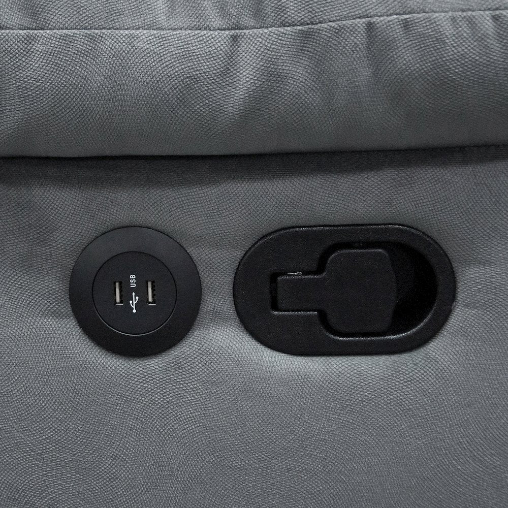 Velvet Upholstered Manual Motion Recliner Sofa with USB Port in Dark Gray