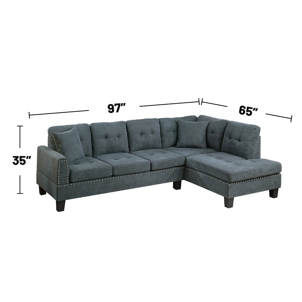 2 Piece Velvet Sectional Sofa Set with 2 Accent Pillows in Ash Black