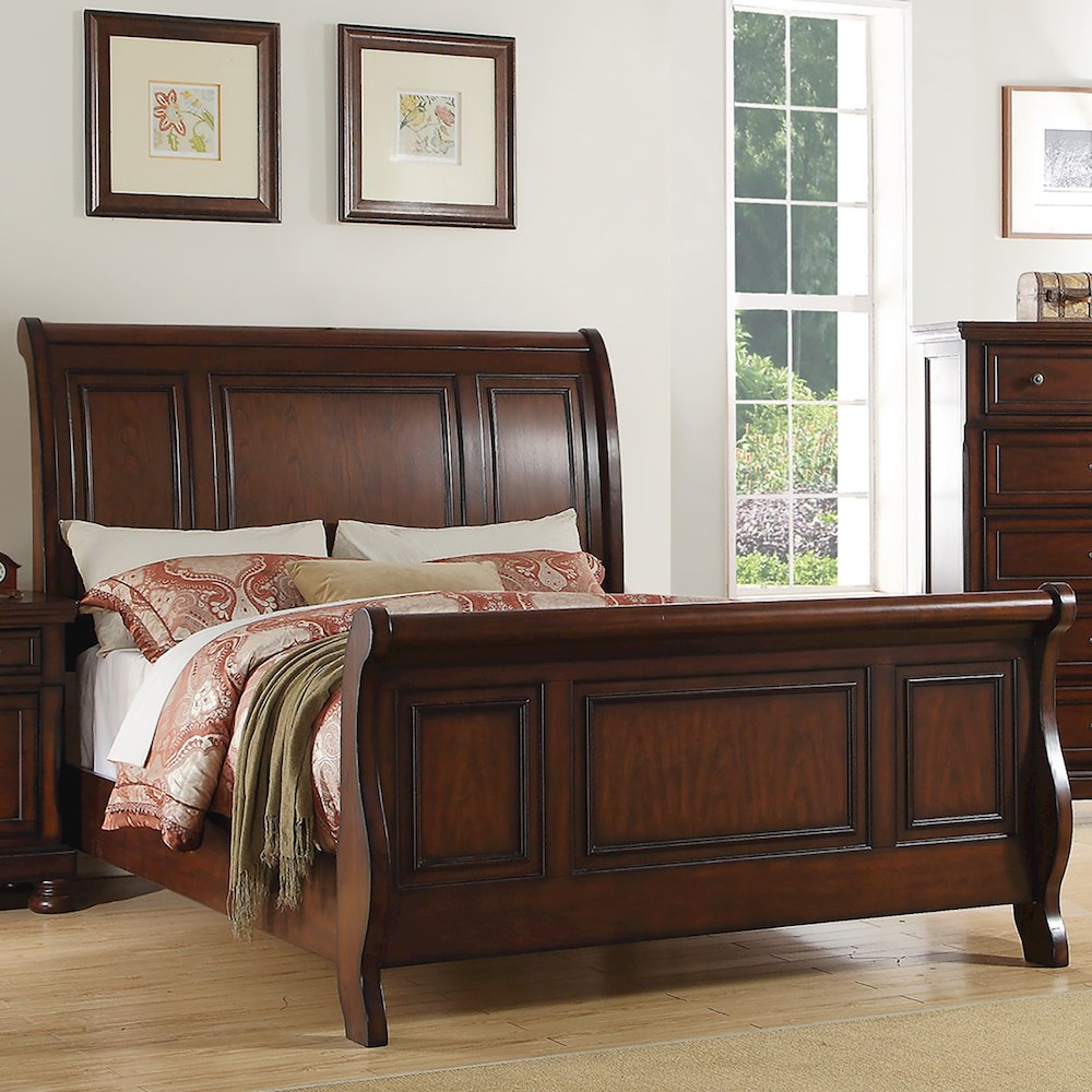 Pine Wood Cal King Sleigh Bed, Cherry Brown