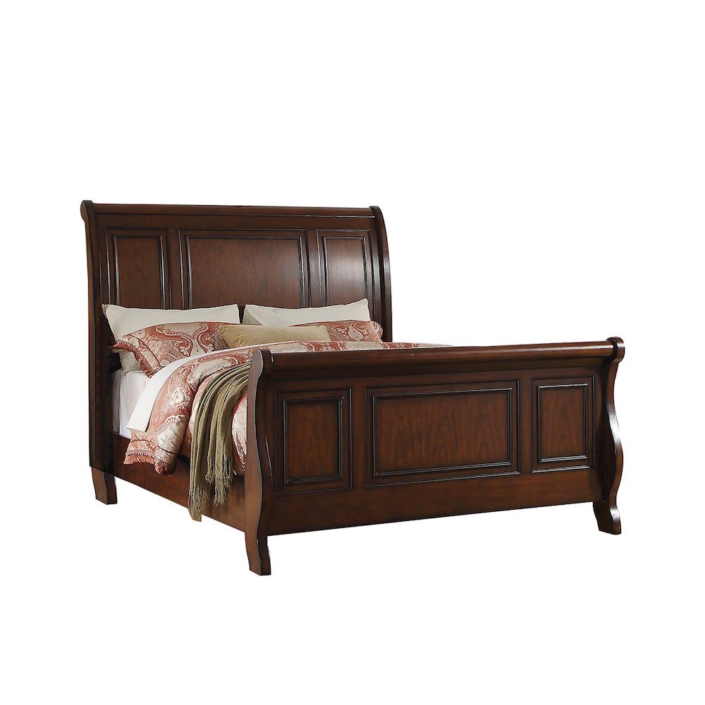 Pine Wood Queen Sleigh Bed, Cherry Brown