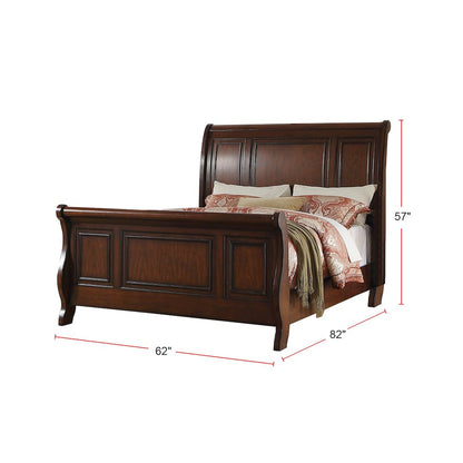 Pine Wood Queen Sleigh Bed, Cherry Brown