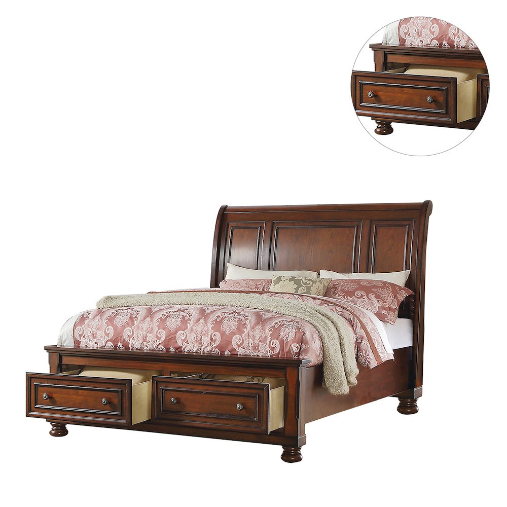 Cal King Sleigh Bed With 2 Drawers, Cherry Brown