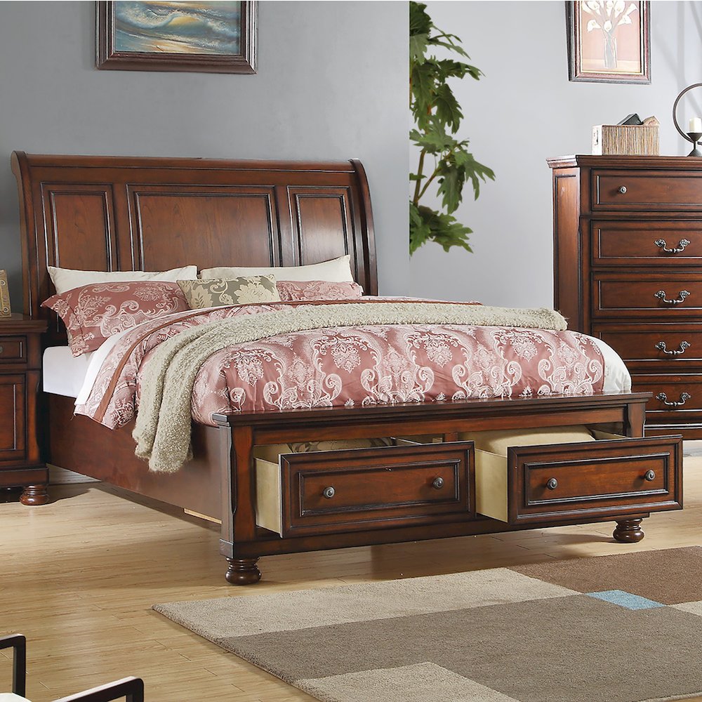 King Sleigh Bed With 2 Drawers, Cherry Brown