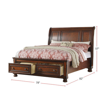 King Sleigh Bed With 2 Drawers, Cherry Brown