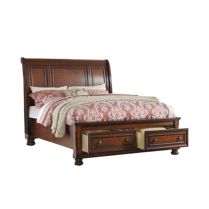 Queen Sleigh Bed With 2 Drawers, Cherry Brown