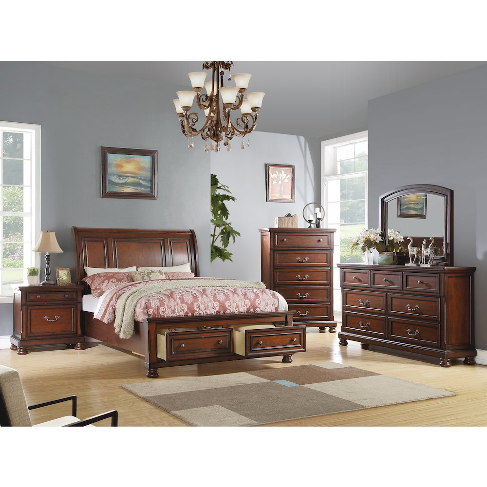 Queen Sleigh Bed With 2 Drawers, Cherry Brown