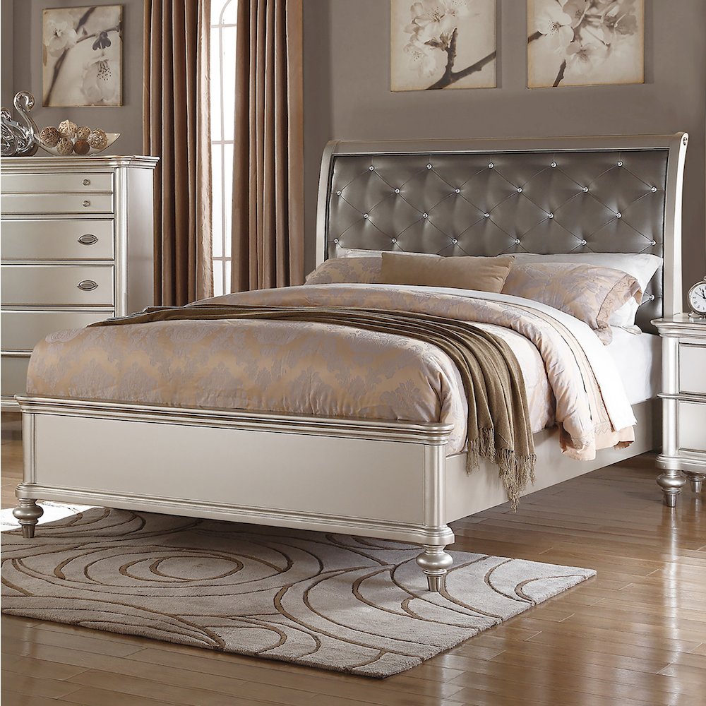 Antique Silver Cal. King Size Bed With Button Tufted Padded HB