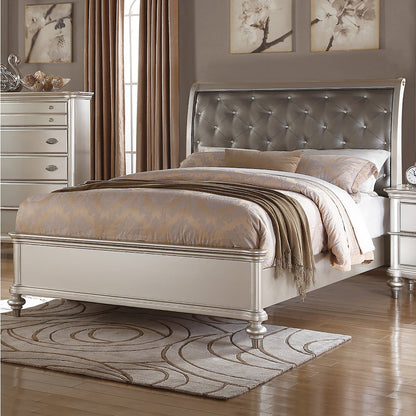 Antique Silver Cal. King Size Bed With Button Tufted Padded HB