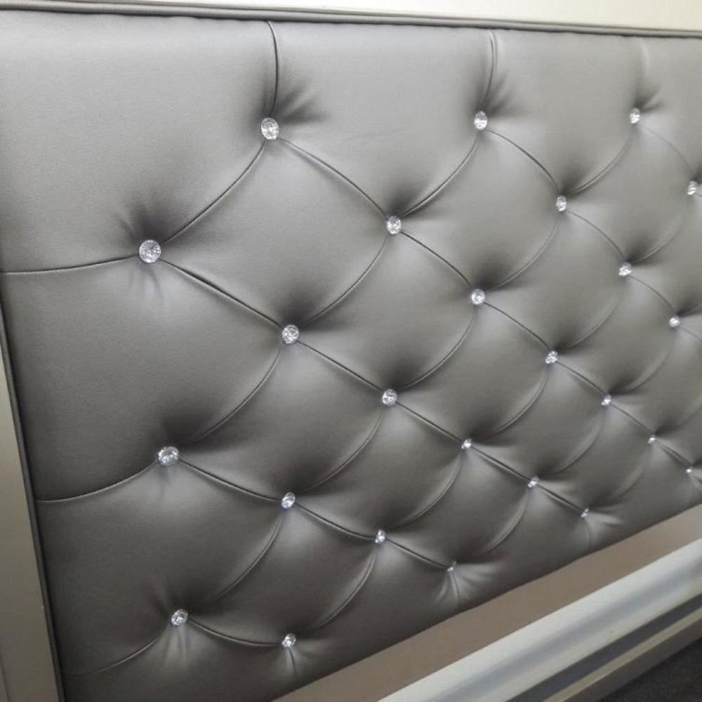 Antique Silver Cal. King Size Bed With Button Tufted Padded HB