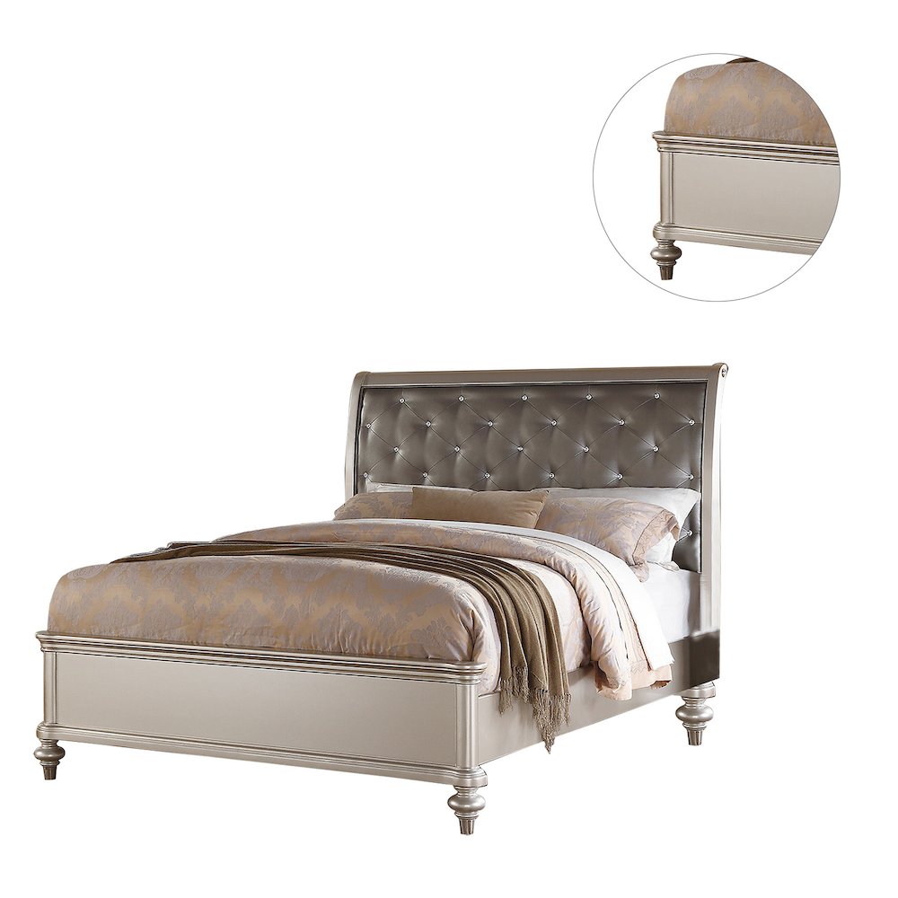 Antique Silver Eastern King Size Bed With Button Tufted Padded HB