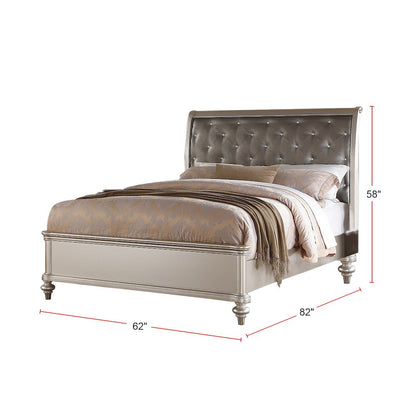 Antique Silver Queen Size Bed with Button Tufted Padded HB