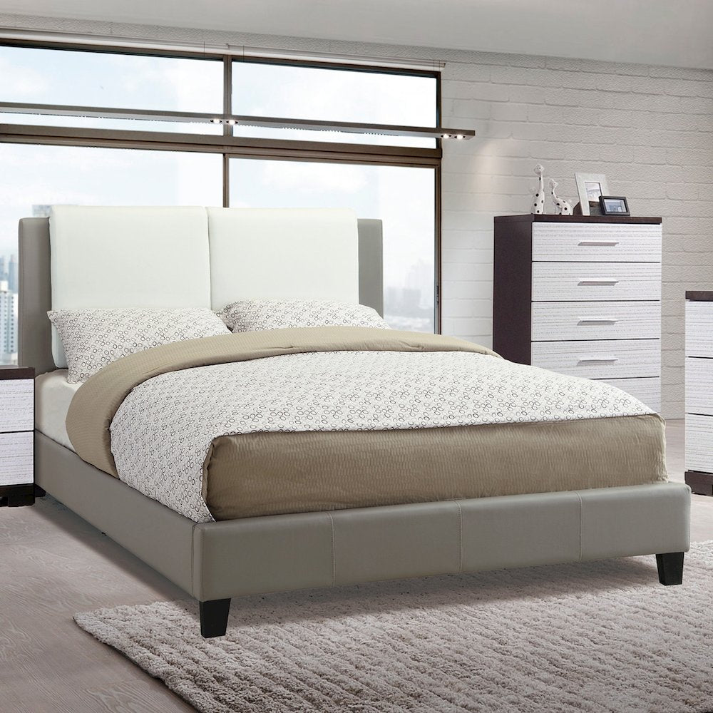Faux Leather Upholstered Cal. King Size Bed, Grey and White