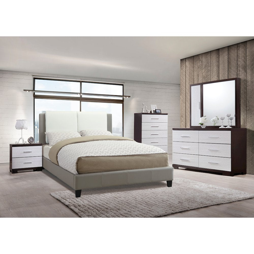 Faux Leather Upholstered Cal. King Size Bed, Grey and White