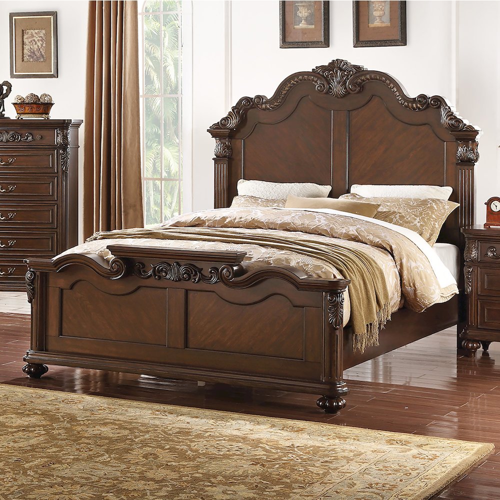 Queen Size Wooden Bed in Dark Cherry Finish