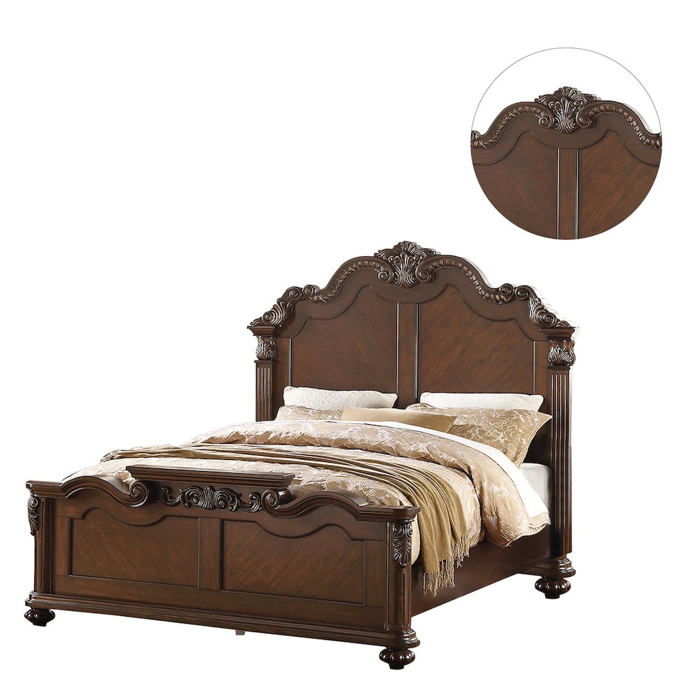 Queen Size Wooden Bed in Dark Cherry Finish