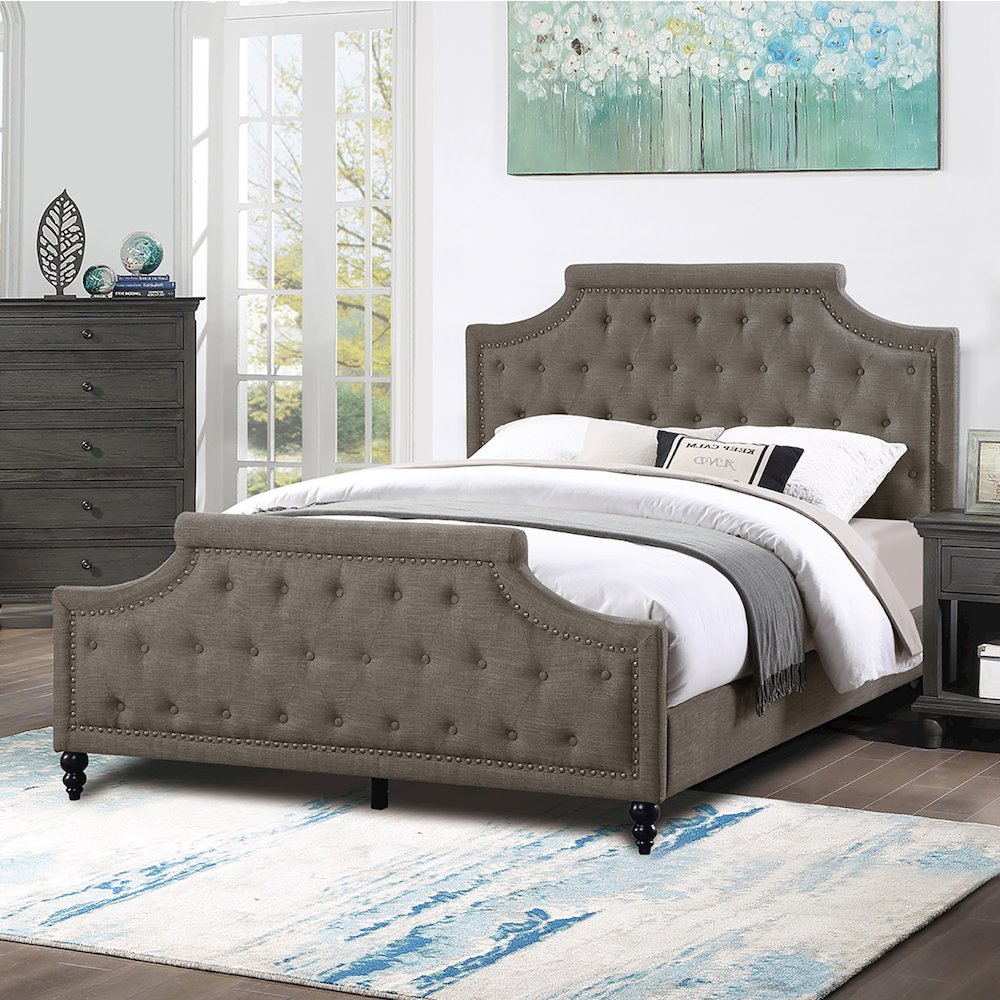 Polyfiber Upholstered Cal. King Bed With Button Tufted Design, Brown