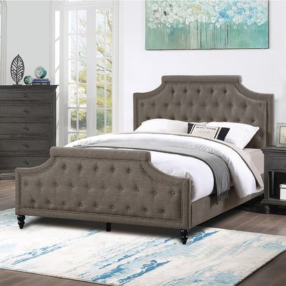 Polyfiber Upholstered Cal. King Bed With Button Tufted Design, Brown