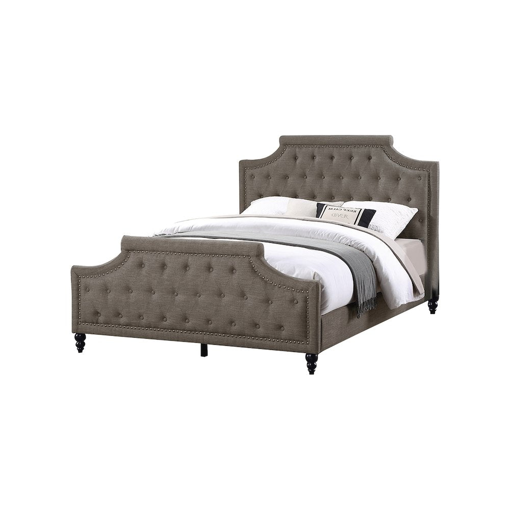 Polyfiber Upholstered Cal. King Bed With Button Tufted Design, Brown