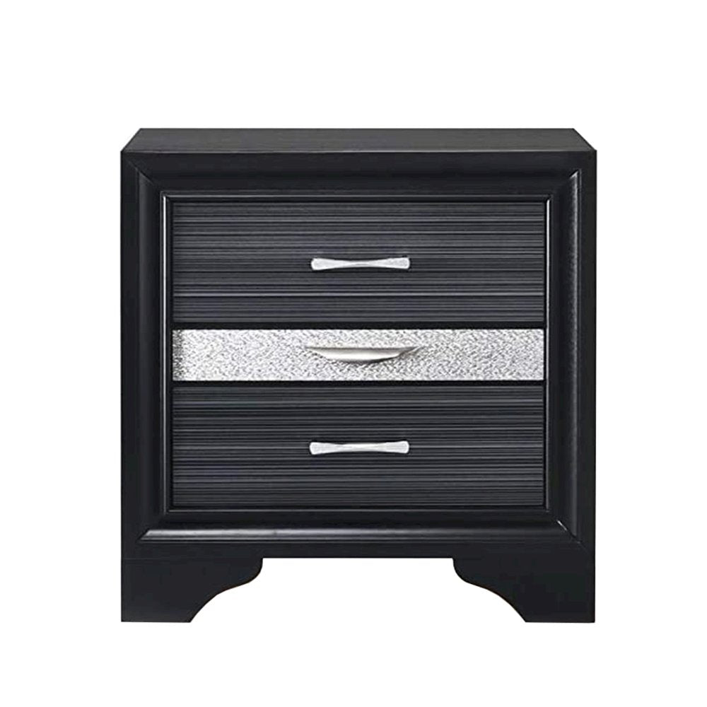 3 Drawers Silver Glitter Inserted Nightstand in Black