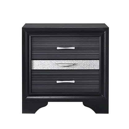 3 Drawers Silver Glitter Inserted Nightstand in Black