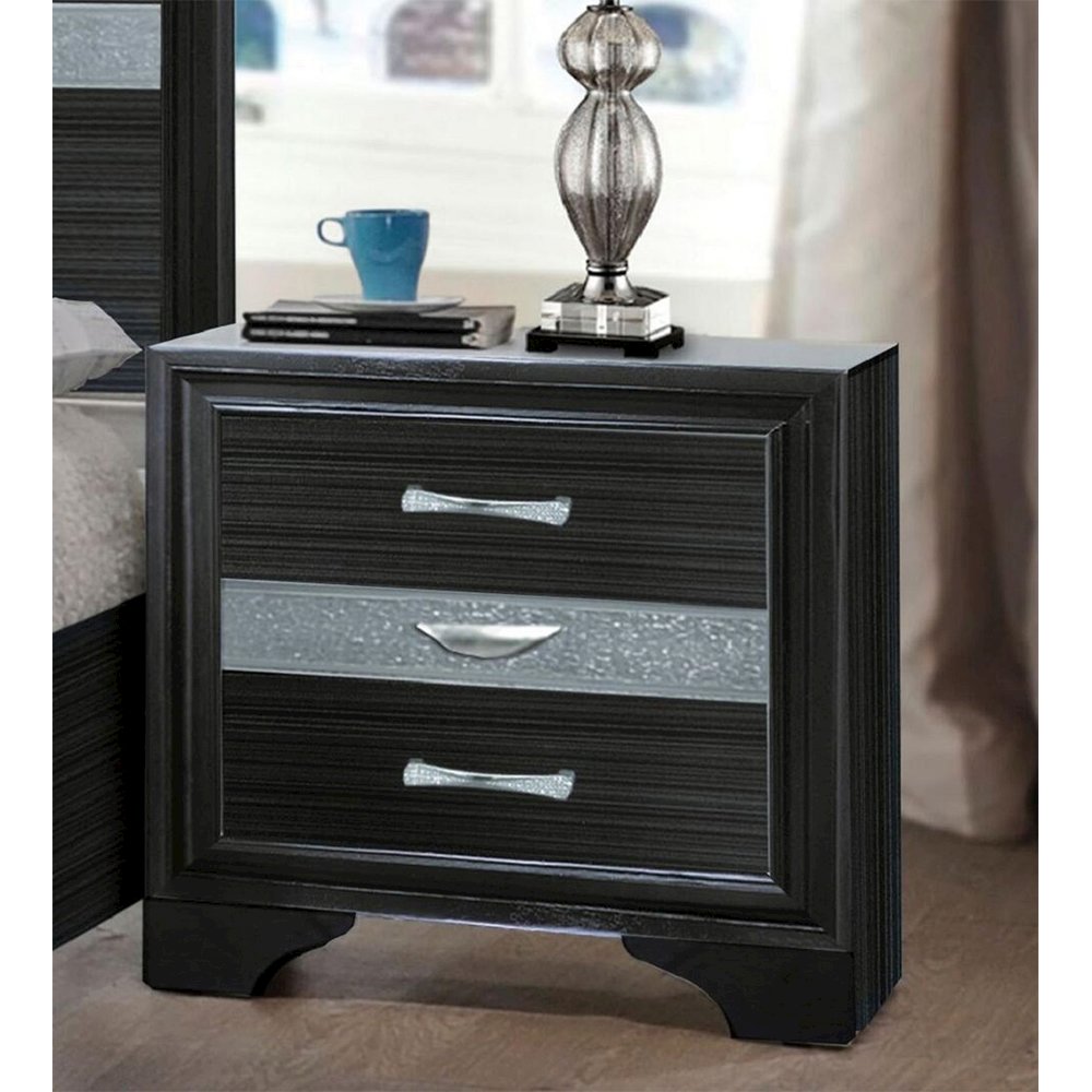 3 Drawers Silver Glitter Inserted Nightstand in Black