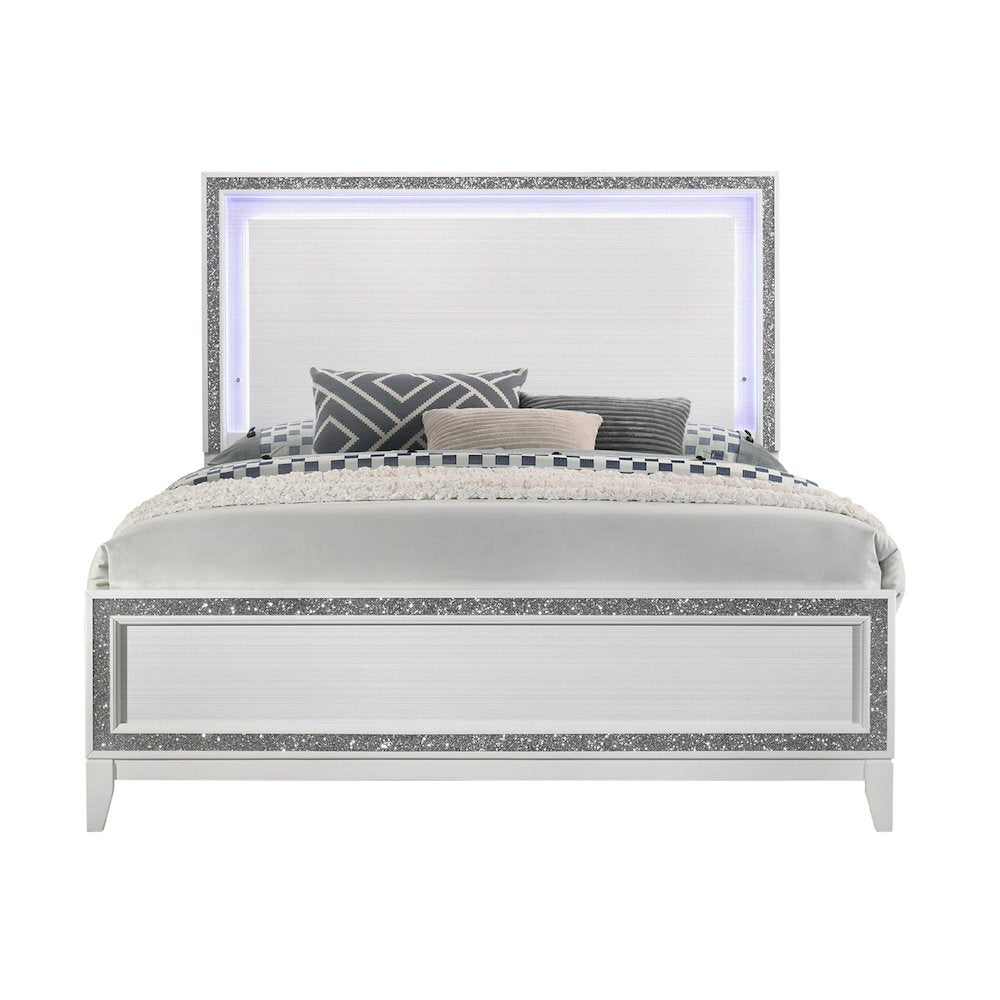 Wood Queen Bed with LED Light in White Finish